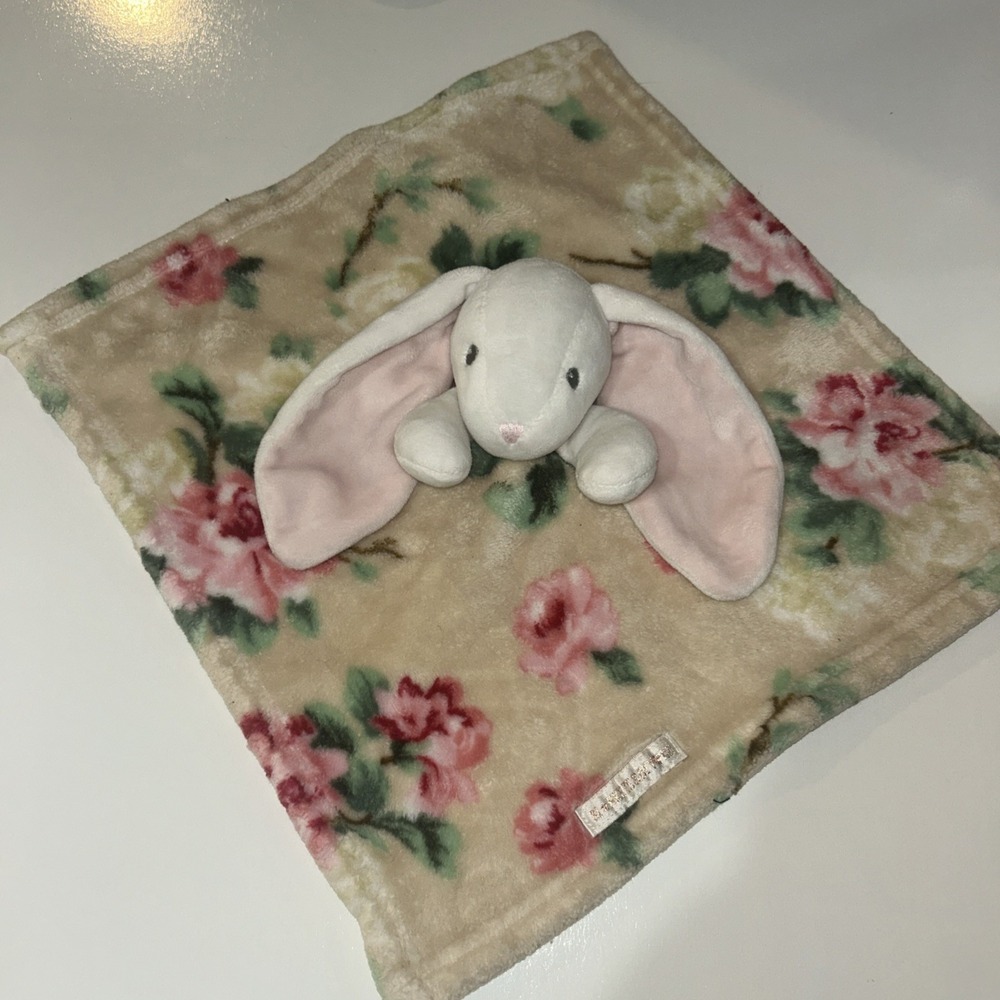 Blankets & Beyond Bunny Lovey Floral Beige Pink Baby Security Blanket